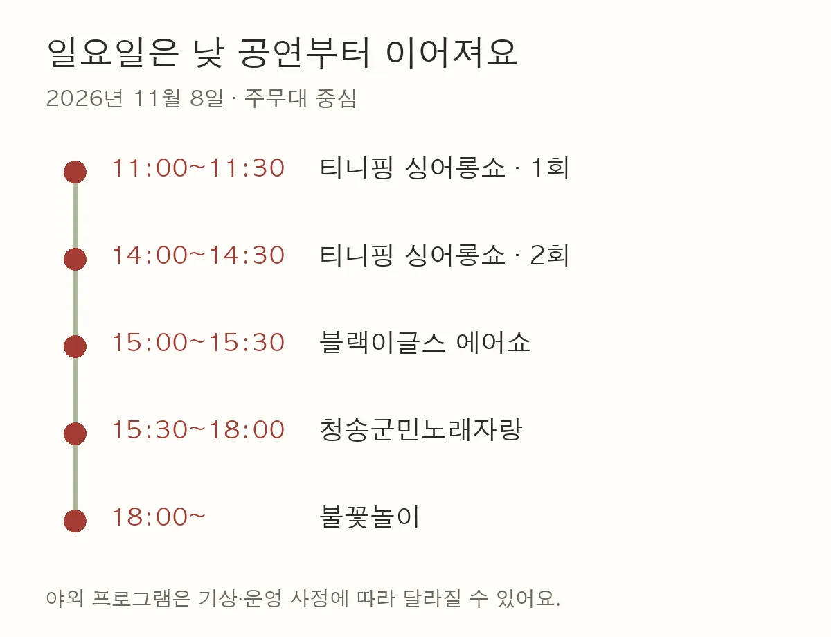 일요일의 두 티니핑 회차와 에어쇼·노래자랑·불꽃놀이의 시간 간격을 보여준다.